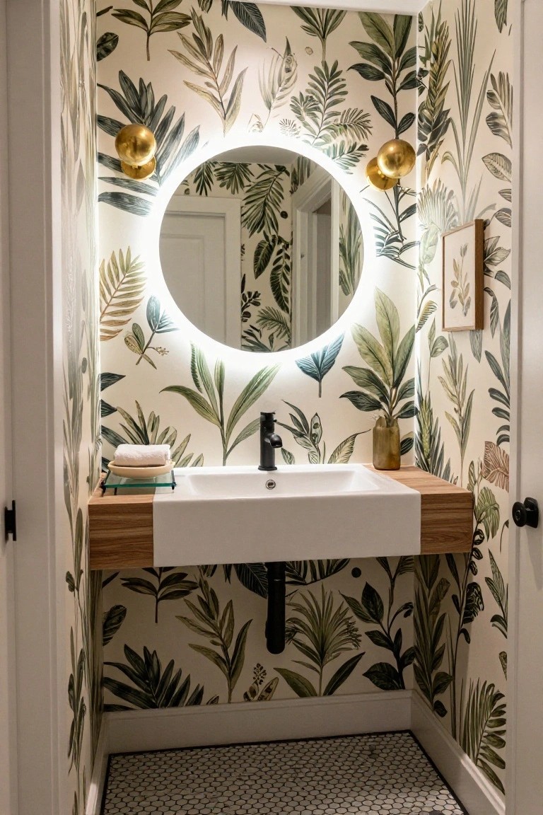 Small bathroom featuring green leafy wallpaper, round backlit mirror flanked by two gold sconces, white vessel sink on wooden shelf with black faucet, and black and white hexagonal tile floor.