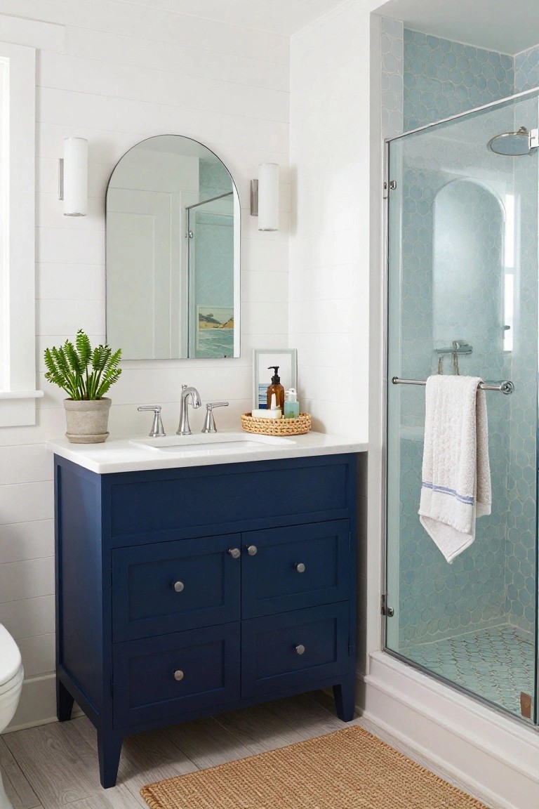 Bathroom interior with navy blue shaker-style vanity cabinet, white quartz countertop, arched mirror flanked by two white cylinder wall sconces, glass shower enclosure with light blue hexagonal tile walls, potted fern plant, woven basket holding soap bottles, and white towel bar.