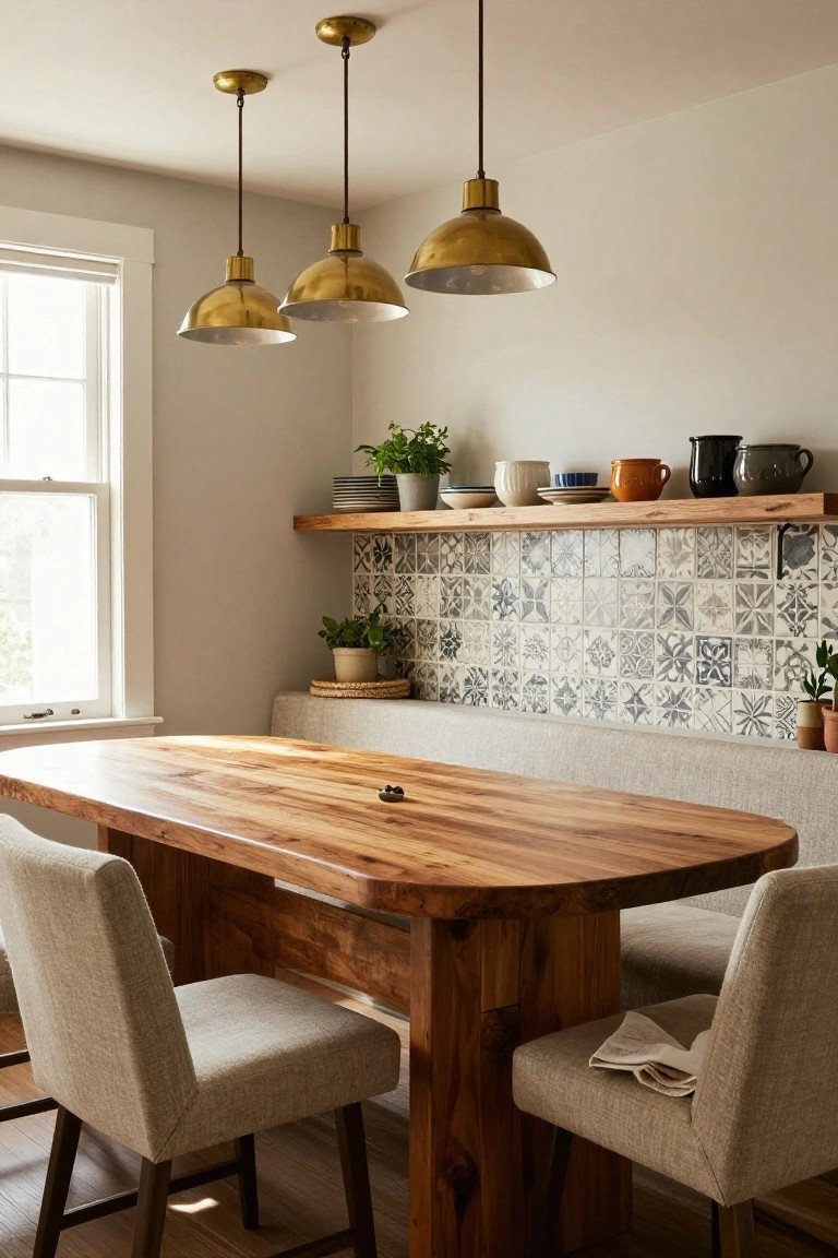 Kitchen dining nook with a long live-edge wooden table, beige upholstered chairs and bench, three brass pendant lights hanging from the ceiling, blue and white patterned tile backsplash, wood floating shelves with dishes and plants.