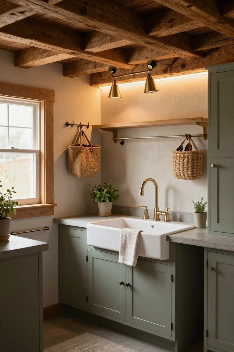 Kitchen corner with sage green shaker cabinets, white farmhouse sink, gold faucet, wood beam ceiling, two brass cone-shaped swing-arm sconces mounted on the wall above the sink, woven baskets hanging nearby, and potted herbs on counters and shelves.
