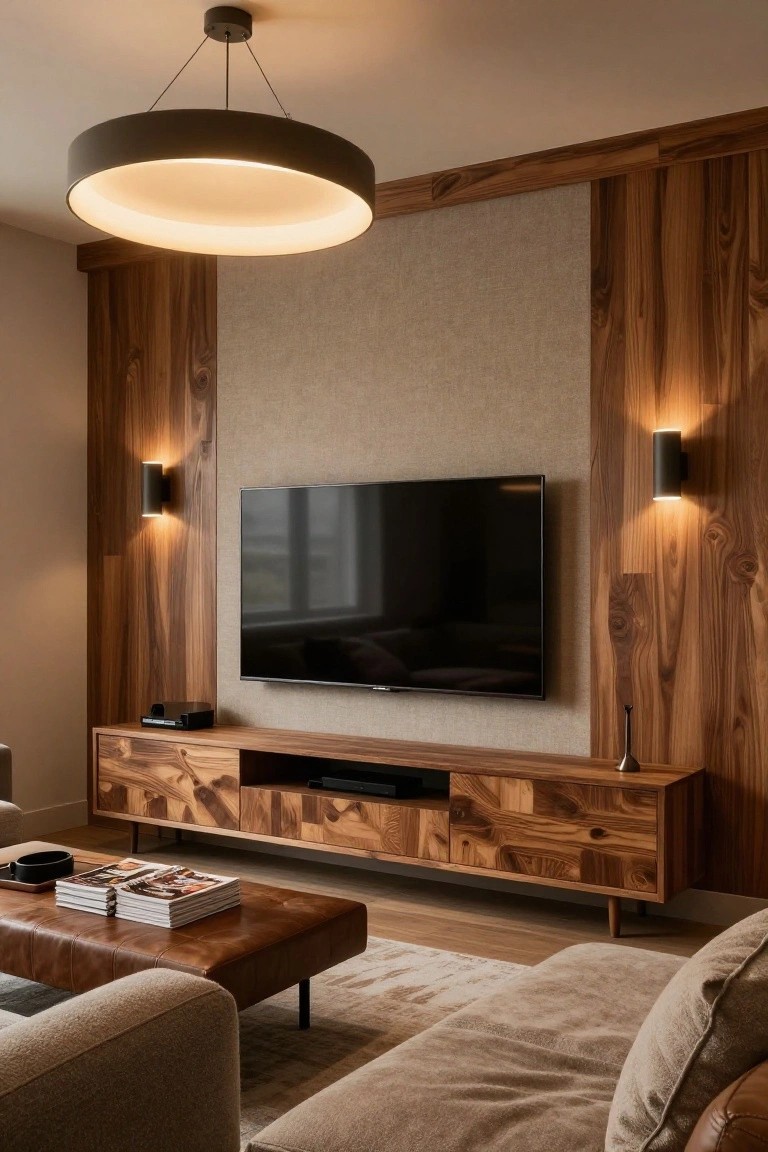 Modern living room with vertical wood-paneled wall holding a black TV, flanked by black cylindrical wall sconces, large black ring pendant ceiling light, wooden media console below TV, leather ottoman with magazines, beige sofa, and wood floor.