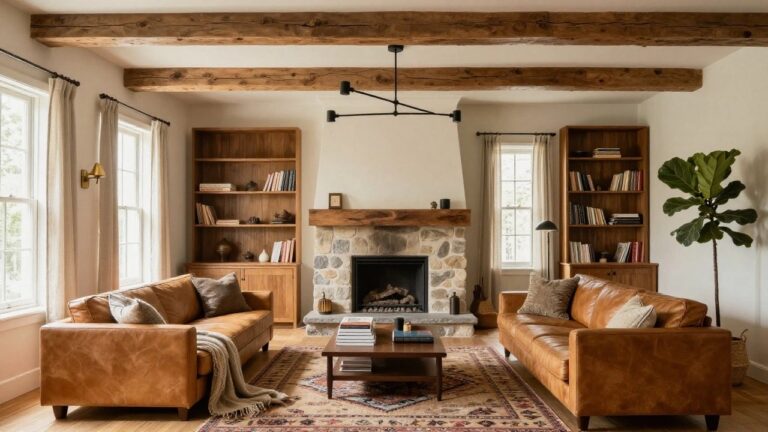 Living room with vaulted wood beam ceiling, stone fireplace, tan leather sofas around a wood coffee table, built-in bookshelves, and black linear pendant light overhead.