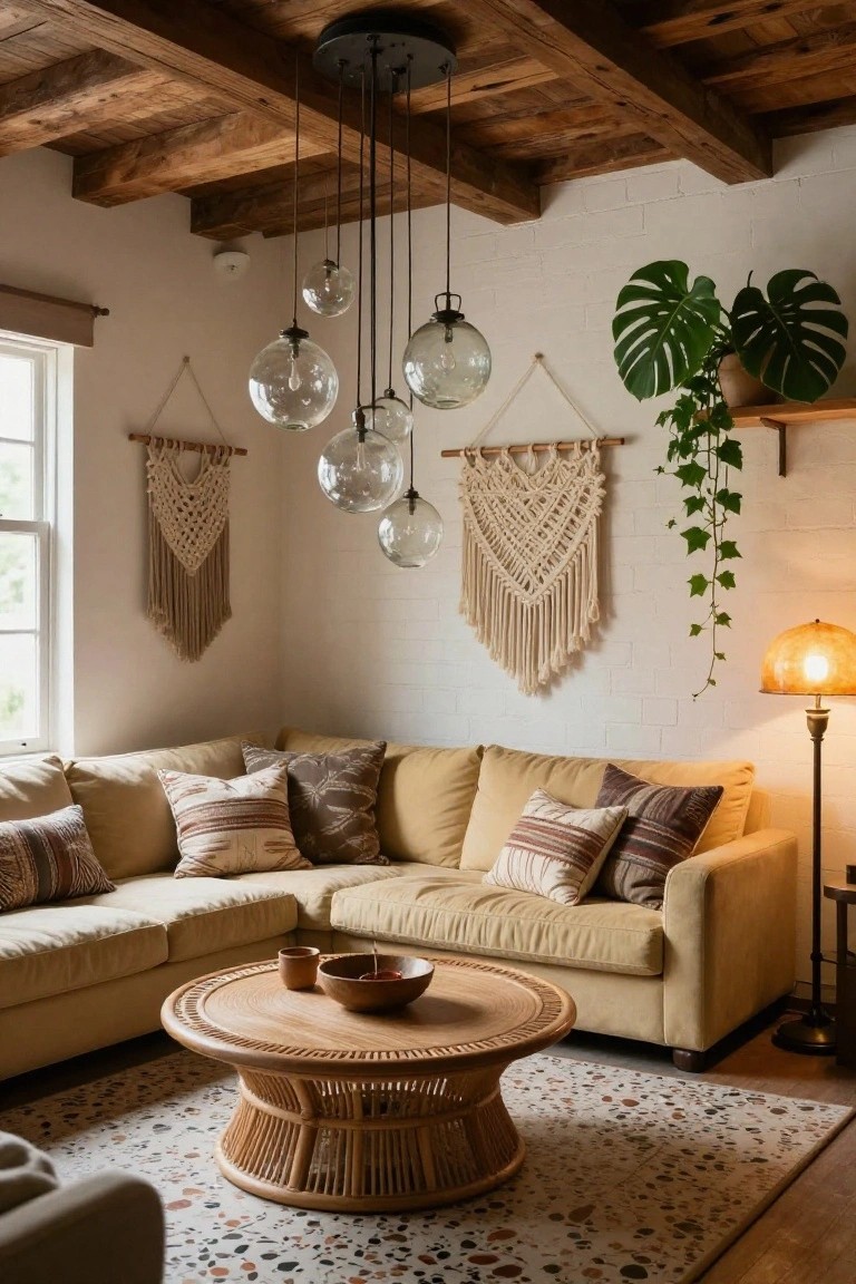 Cozy living room corner with vaulted wooden beam ceiling, multi-globe pendant light hanging centrally, beige L-shaped sofa with patterned pillows, rattan coffee table, macrame wall hangings, potted monstera plant, floor lamp, and terrazzo-patterned rug.