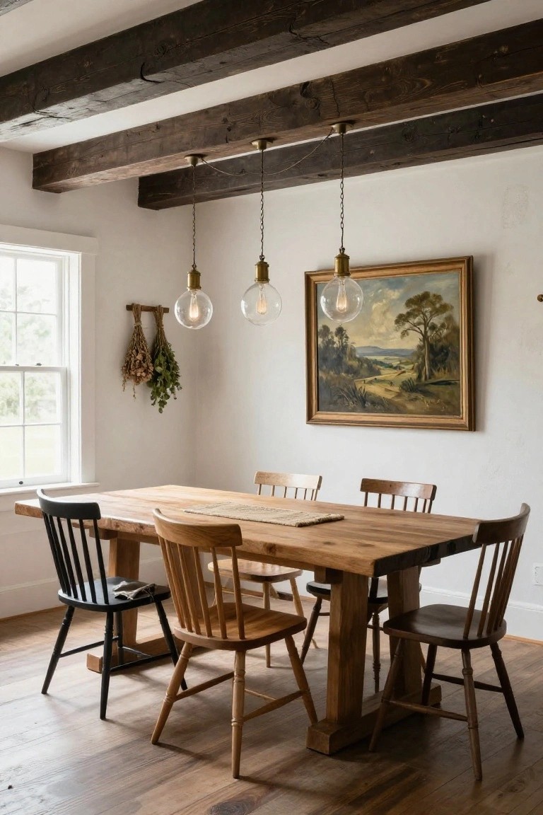 Dining room interior with dark exposed wooden beams on a white ceiling, three hanging clear globe pendant lights over a long rectangular wooden table with mixed wood and black chairs, a gold-framed landscape painting on the wall, dried herb bundles near a window, and hardwood floors.
