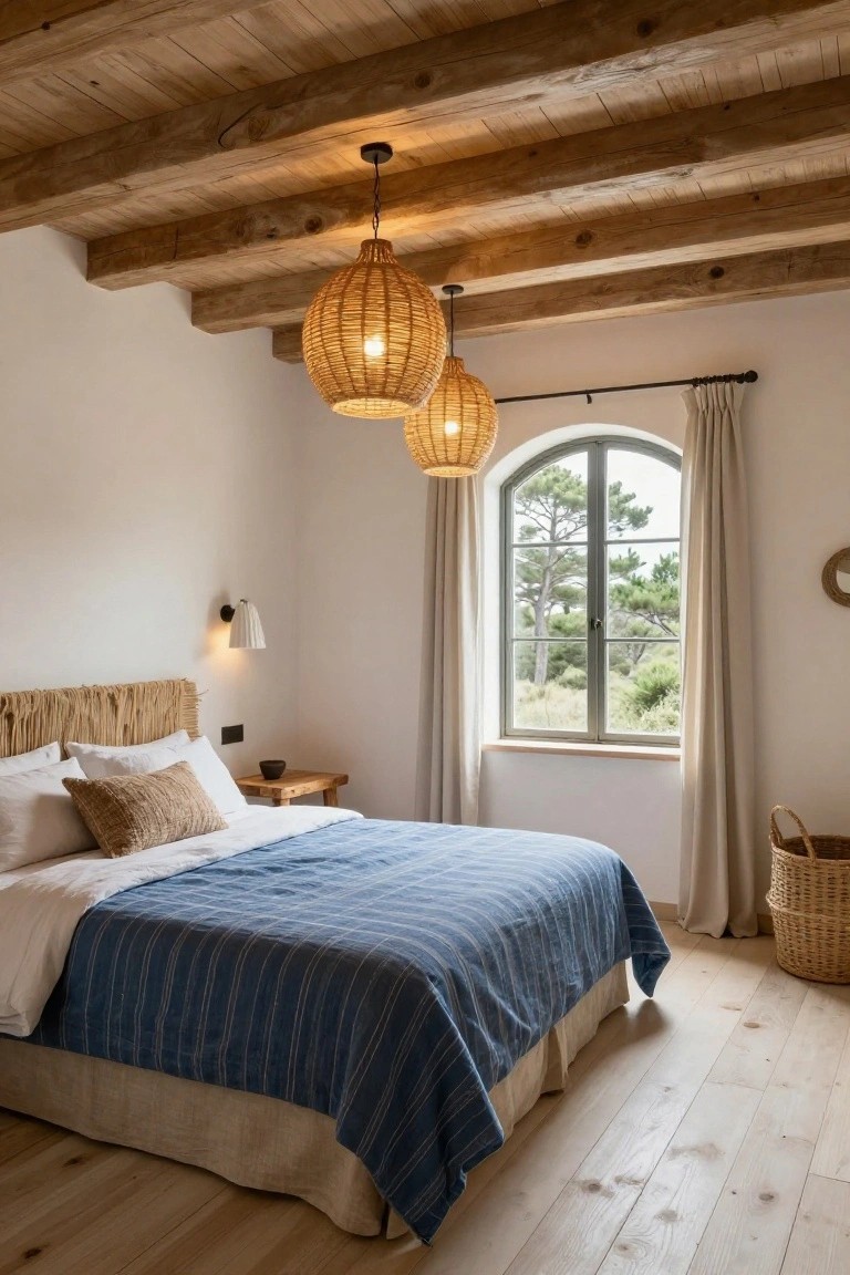 White bedroom with vaulted ceiling of exposed wooden beams, two hanging rattan pendant lights, bed with blue striped duvet and white sheets, arched window showing pine trees outside, wall sconce, side table, and wooden floor.