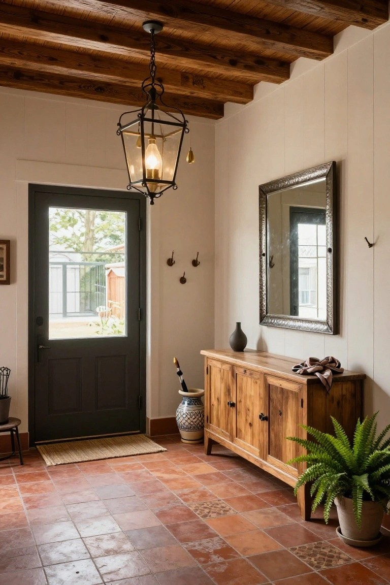Entryway interior with exposed dark wood beam ceiling, hanging black metal lantern pendant light, dark wood door with glass panel, wooden console table topped with vase, plant, and scarf, large framed mirror on white wall, terracotta tile floor, and small stool nearby.