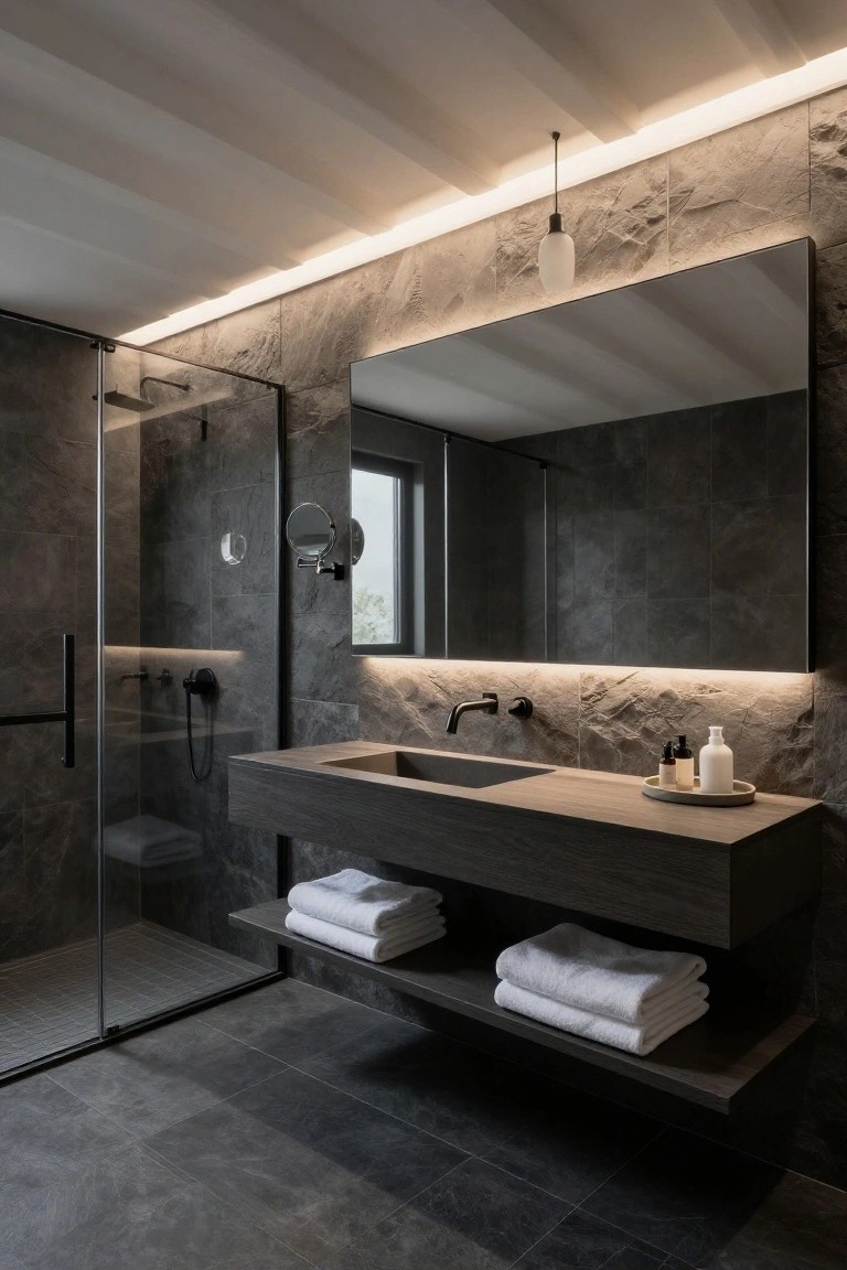 Modern bathroom with vaulted ceiling featuring exposed light wood beams edged in LED strip lighting, large rectangular mirror on stone wall, floating wood vanity with black faucet and sink, glass shower enclosure, and folded white towels on shelves.