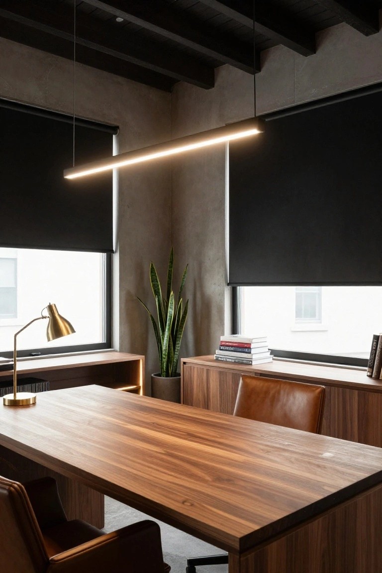 Home office interior with exposed dark wood beam ceiling, suspended long linear LED light, walnut desk, two leather chairs, gold desk lamp, snake plant in pot, books on shelves, and large windows with black roller shades.