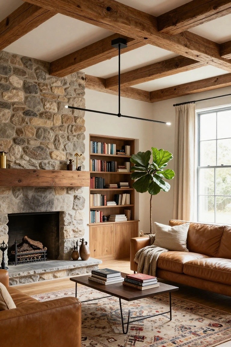 Living room with vaulted wood beam ceiling, stone fireplace, tan leather sofas around a wood coffee table, built-in bookshelves, and black linear pendant light overhead.