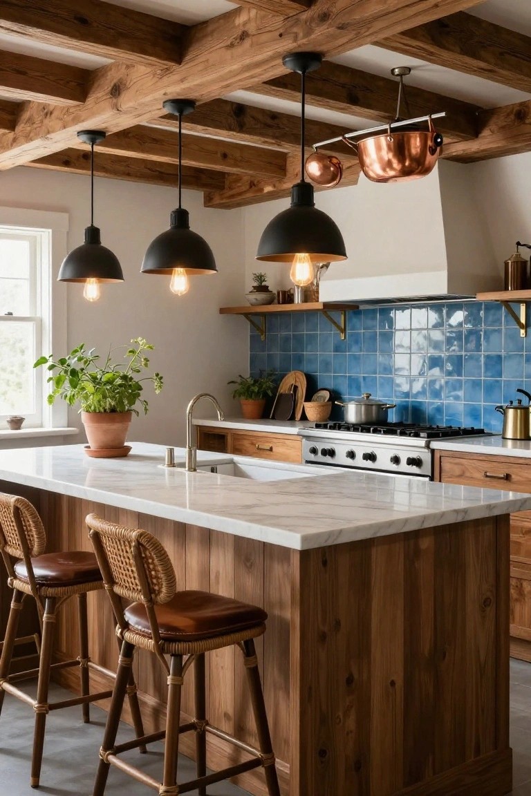 Kitchen with vaulted ceiling of exposed wood beams, three black metal pendant lights hanging over a white marble island with rattan bar stools, blue tiled backsplash, wood cabinets, and stainless steel range.