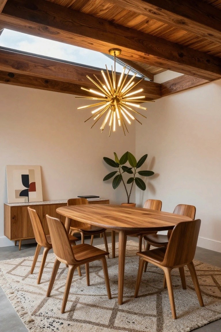 Dining room with vaulted ceiling and exposed wooden beams, gold starburst chandelier over oval wooden table with six wooden chairs, potted rubber plant, abstract wall art, wooden credenza, and patterned rug on concrete floor.