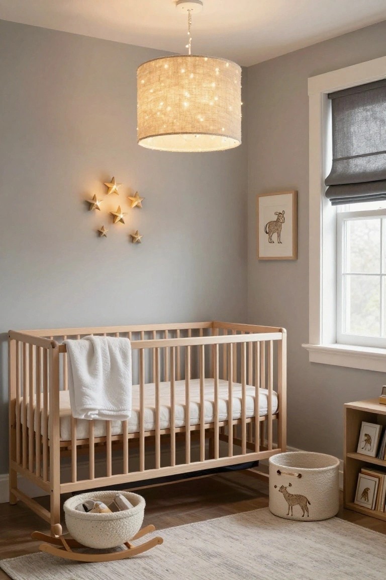 Gray nursery room with wooden crib draped in white blanket, rocking toy basket with wool filler, woven storage basket featuring fawn embroidery, small bookshelves, framed animal art, gray roller shade on window, gold star-shaped wall lights, and central burlap drum pendant light with embedded fairy lights.