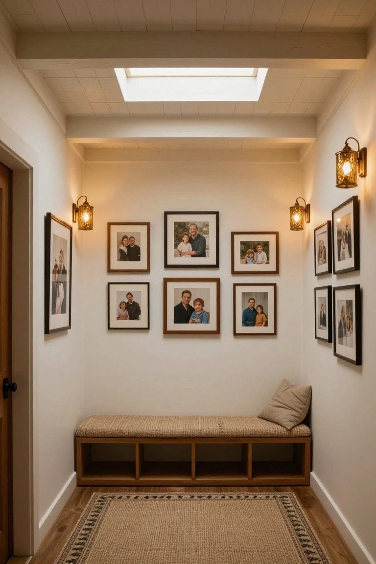Narrow white interior hallway with vaulted wood beam ceiling, central skylight, paired lantern wall sconces, gallery wall of family photos in wood frames, wooden bench with beige cushion and storage cubbies below, seagrass rug on wood floor.