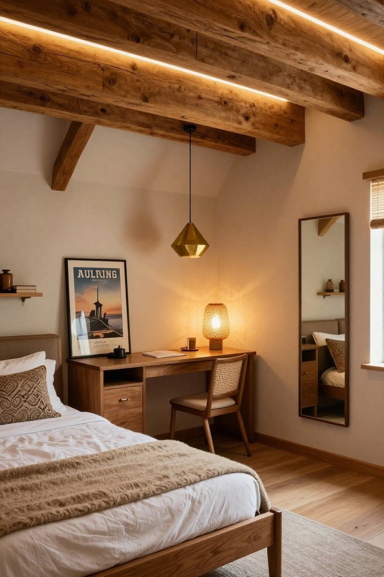Bedroom with vaulted wooden beam ceiling lit by recessed LED strips, wooden bed with beige throw, desk with rattan chair and lamp, full-length mirror, and vintage travel poster on wall.
