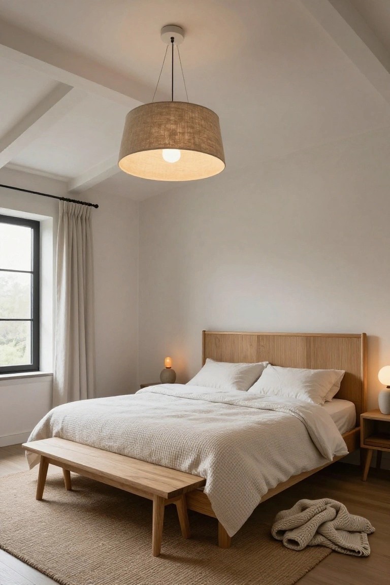 Bedroom with vaulted ceiling featuring exposed wood beams, a large beige fabric pendant lamp hanging over a wooden bed with white linens and textured blanket, wooden nightstands with globe lamps, bench at bed foot, beige rug, and window with cream curtains.