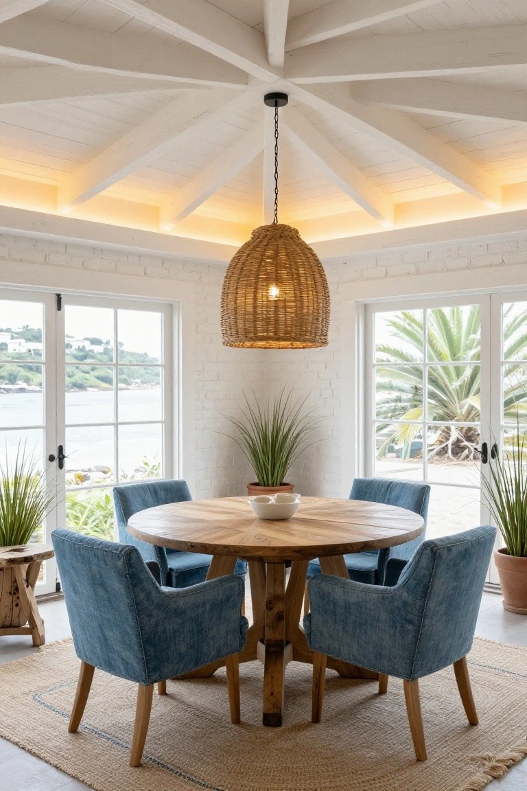 Interior dining room with vaulted white ceiling and wood beams lit by LED strips, featuring a large hanging woven pendant light over a round wooden table, four blue upholstered chairs, potted plants, and large windows overlooking the ocean and palm trees.
