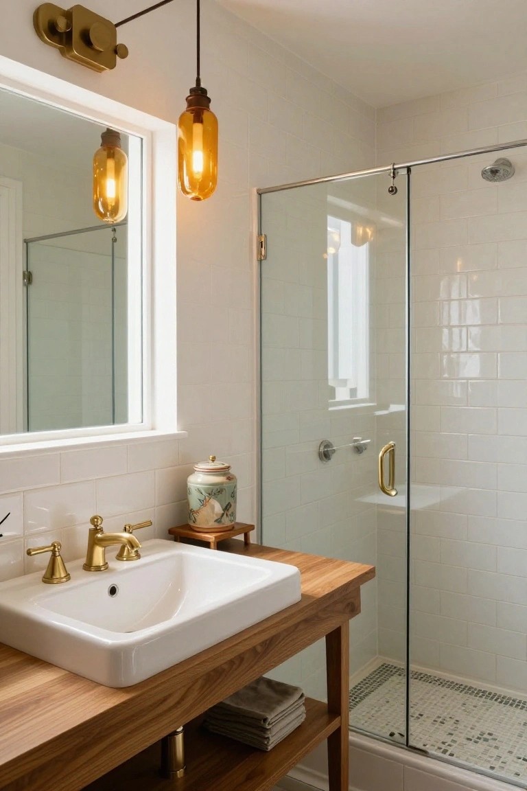 Modern bathroom with wooden vanity, white sink, gold faucets, amber glass pendant lights hanging nearby, large mirror, and clear glass shower enclosure on white tiled walls.