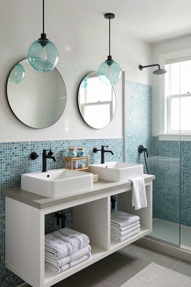 Bathroom with two blue glass globe pendant lights above white double sinks on a white wood vanity, blue mosaic tile backsplash, two round black-framed mirrors, and glass shower enclosure.