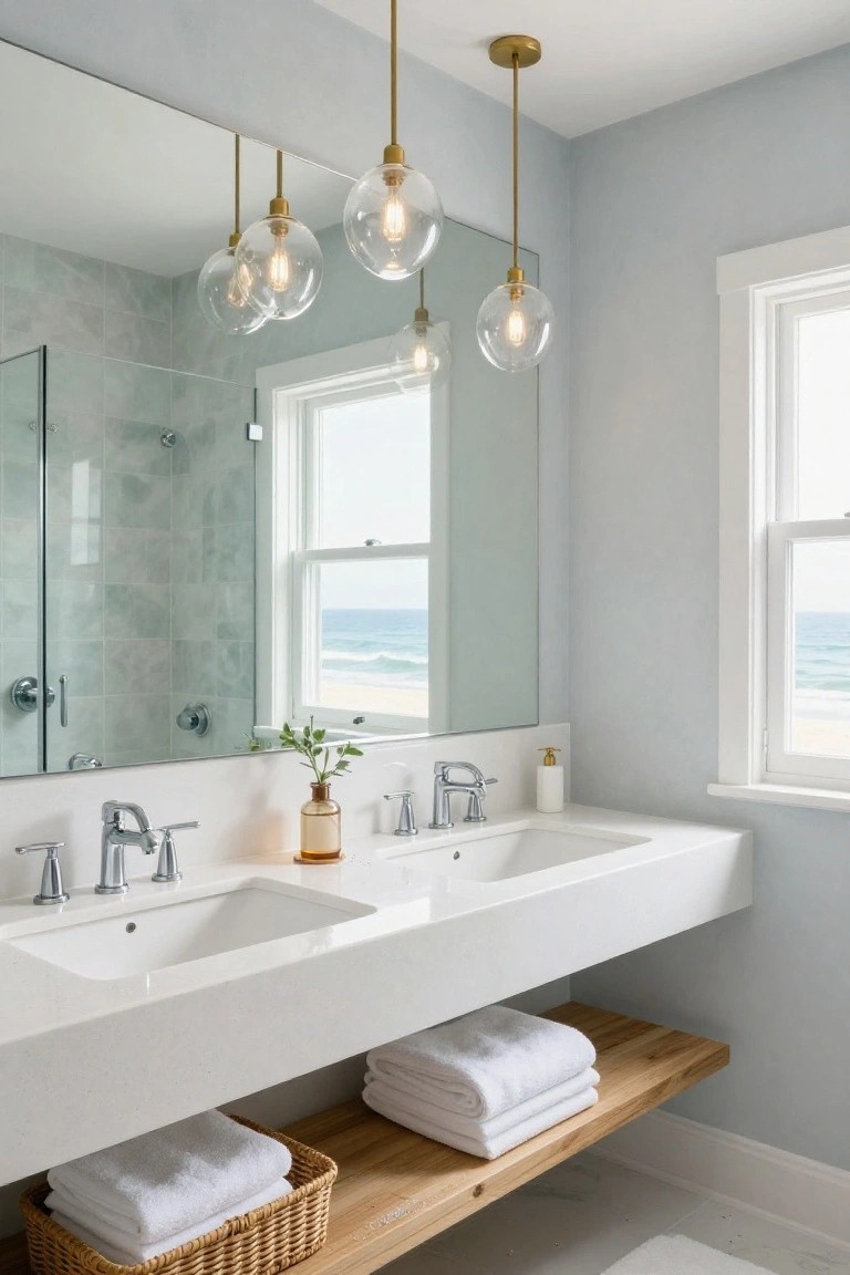 Bathroom interior featuring a large frameless mirror, glass shower enclosure, ocean-view window, white floating double vanity with chrome faucets, wood shelf holding white towels in a basket below, and three brass-hanging clear glass globe pendant lights above the sinks.