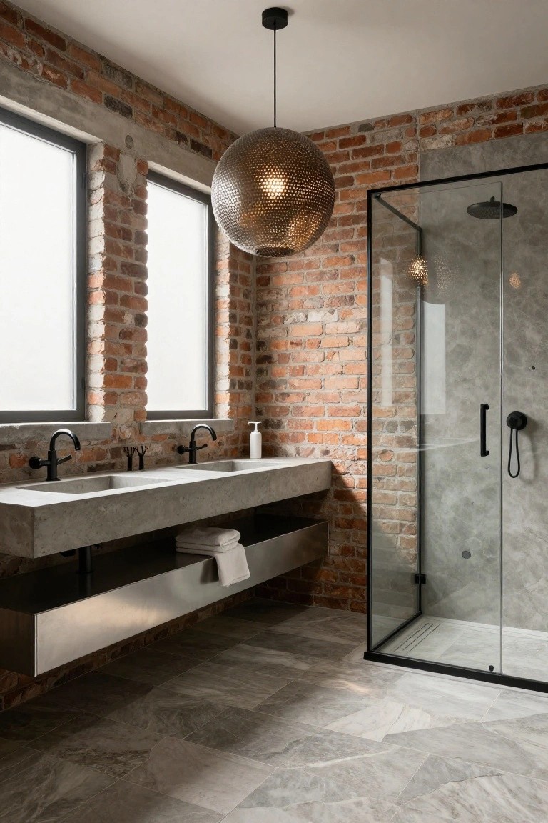 Modern bathroom with exposed brick walls, floating gray concrete double vanity with black faucets, glass shower enclosure, and spherical textured brass pendant lights hanging from the ceiling.