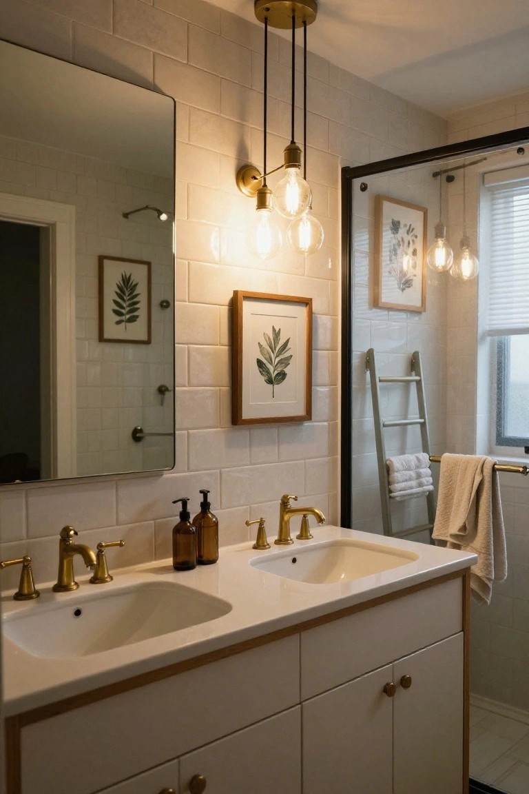A bathroom vanity with two white sinks and gold faucets topped by three hanging brass globe pendant lights, set against white subway tile walls with a large mirror and framed leaf artwork.