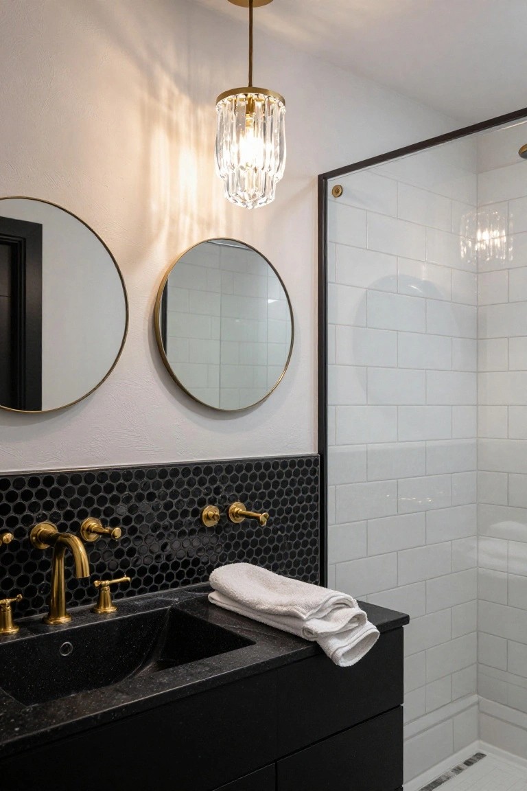Bathroom vanity with black sink and gold faucets, black pebble tile backsplash, two round gold-framed mirrors on the wall, glass shower enclosure with white subway tiles, and a hanging crystal teardrop pendant light overhead.