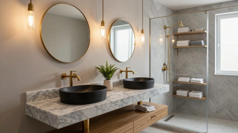 Modern bathroom with floating white marble vanity holding two black oval sinks and gold faucets, flanked by large round gold-framed mirrors, multiple gold globe pendant lights, potted plants, wood shelf with towels, and glass shower enclosure on gray tiled walls.