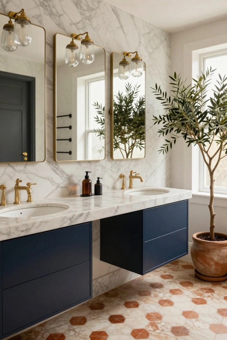 Bathroom vanity with floating navy cabinets, two white marble sinks, gold faucets, brass-framed oval mirrors lit by glass pendant sconces, white marble walls and backsplash, hexagonal terracotta floor tiles, and potted olive trees by a window.