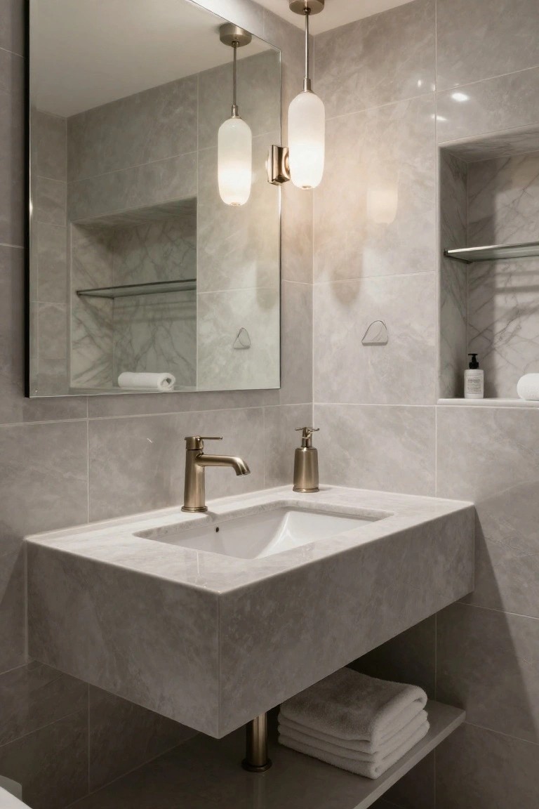 Modern bathroom with floating gray marble sink, brass faucet and soap dispenser, large rectangular mirror, gray veined wall tiles, built-in shelves holding towels and lotion, and two white glass globe pendant lights hanging from the ceiling above the vanity.