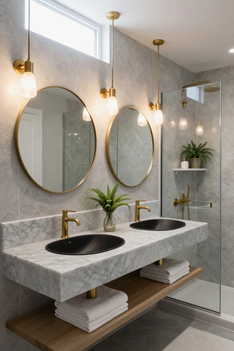 Modern bathroom with floating white marble vanity holding two black oval sinks and gold faucets, flanked by large round gold-framed mirrors, multiple gold globe pendant lights, potted plants, wood shelf with towels, and glass shower enclosure on gray tiled walls.