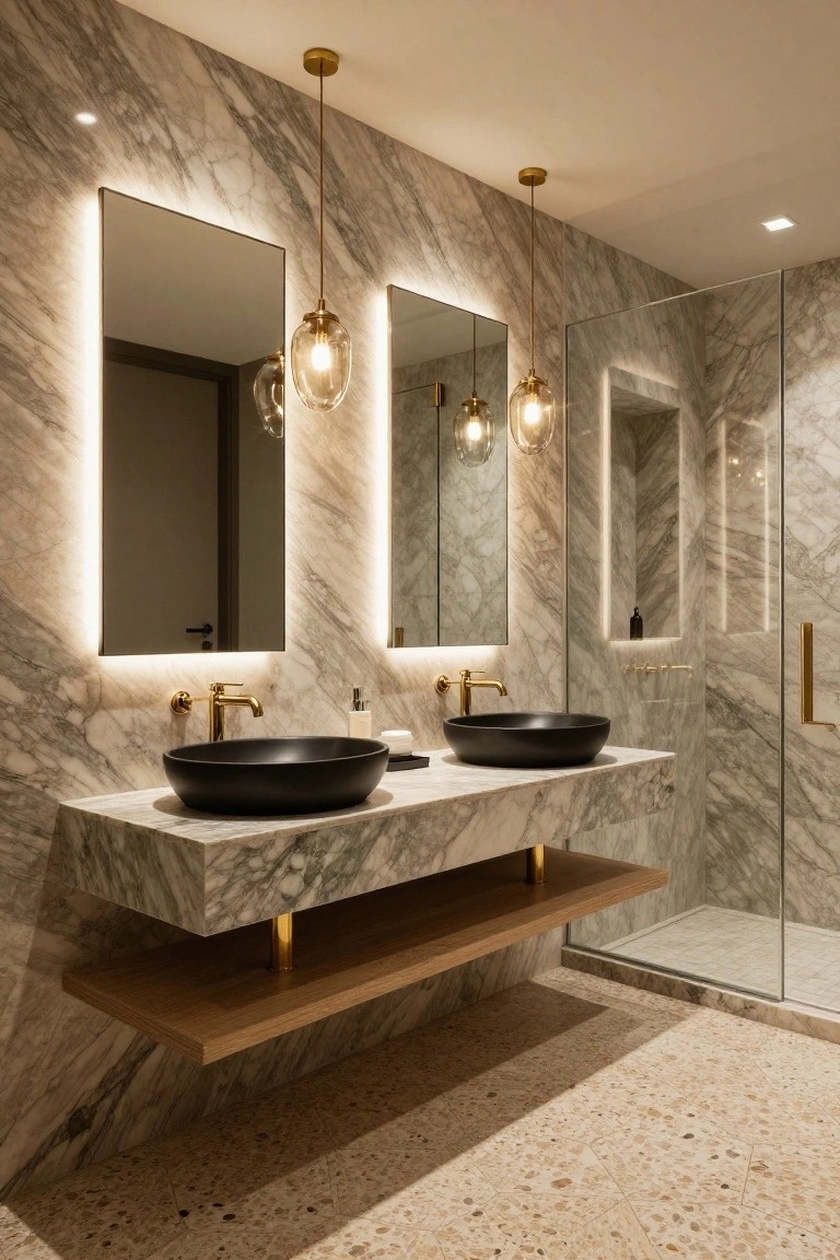 Modern bathroom with gray marble walls and floors, floating marble vanity holding two black vessel sinks, three gold glass-globe pendant lights hanging above, backlit mirrors, and glass-enclosed shower.