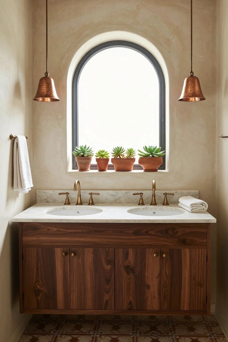 Bathroom with floating walnut vanity, two oval white sinks, brass faucets on marble countertop, hammered copper bell pendant lights overhead, arched black-framed window with potted succulents on sill, white towels, and terracotta tile floor.