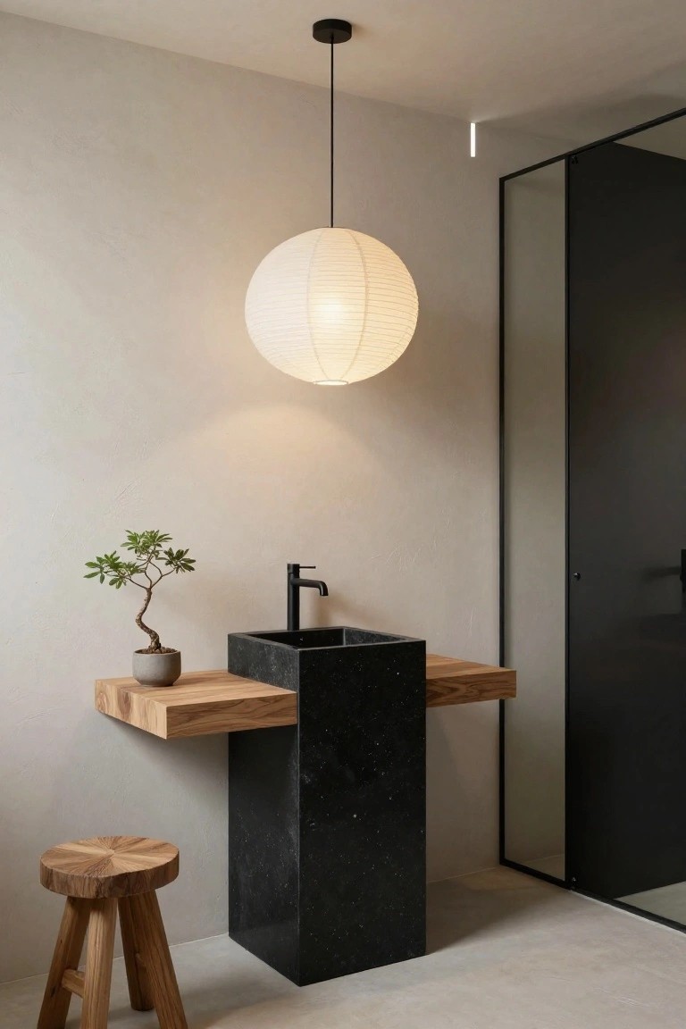 Minimalist bathroom corner with black stone pedestal sink on wooden shelf holding a bonsai plant, wooden tripod stool below, large white paper lantern pendant light hanging from ceiling, beige textured walls, and black metal framed sliding mirror door.