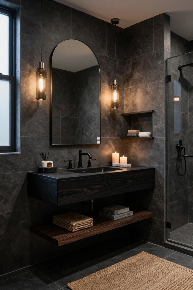 Modern bathroom with dark gray marble-look tiles, black floating vanity and faucet, arched black mirror flanked by two smoked glass pendant lights, wall shelf with towels, reed diffuser on counter, candles, and black-framed glass shower enclosure.