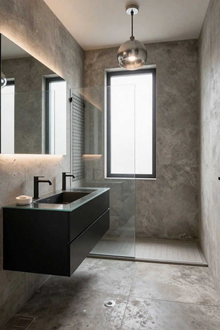 Modern bathroom featuring gray concrete walls and floor, black floating vanity with double black faucets, clear glass shower enclosure, and a single silver orb pendant light hanging from the ceiling over the sink.