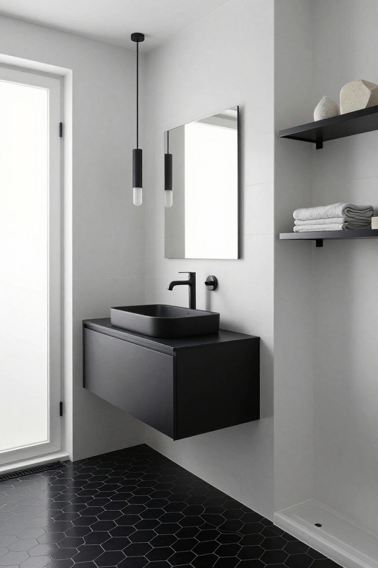 Modern bathroom interior with two black cylindrical pendant lights hanging over a black rectangular wall-mounted sink and cabinet, white walls and tiled shower area, black hexagonal floor tiles, and a black wall shelf with folded gray towels and white ceramic objects.