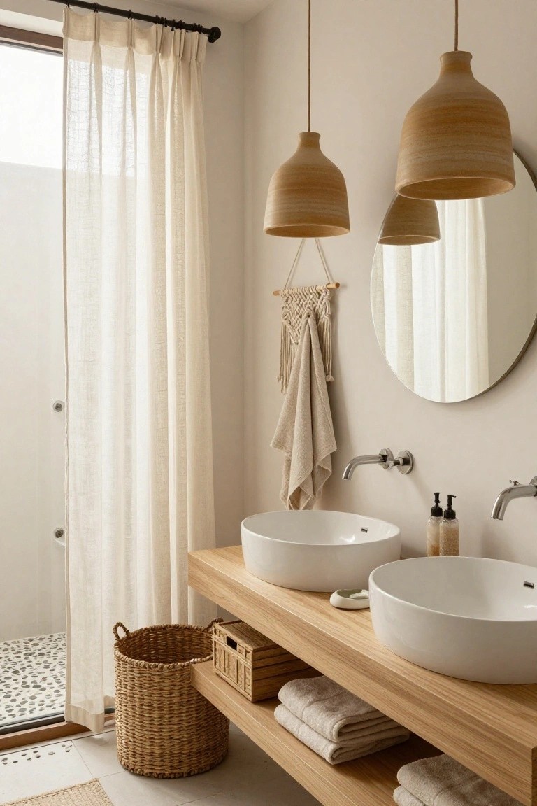 Bathroom interior featuring a wooden double vanity with two white vessel sinks, three hanging pendant lights in beige tones, a round mirror, beige towels, and sheer curtains on a window next to a shower area.