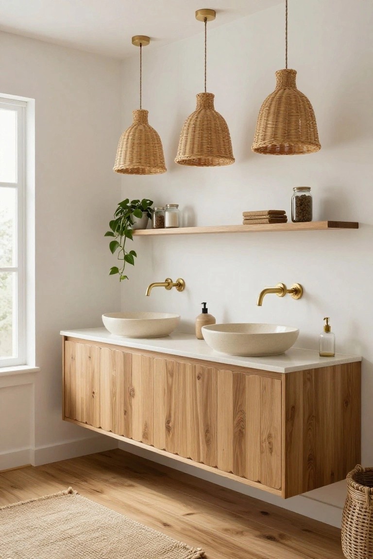 Bathroom with floating wooden double vanity topped by two white vessel sinks and brass wall faucets, three woven rattan pendant lights hanging above, wooden shelf holding plants jars and towels, white walls, window, wooden floor, woven rug, and wicker basket.