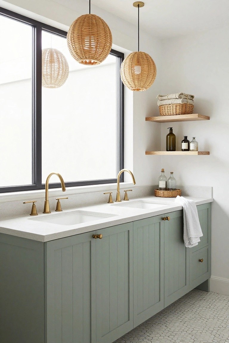 Bathroom vanity with two white sinks, gold faucets, sage green shaker-style cabinets, wooden floating shelves holding glass bottles and baskets, three woven rattan pendant lights hanging above, large black-framed window, and white patterned tile floor.