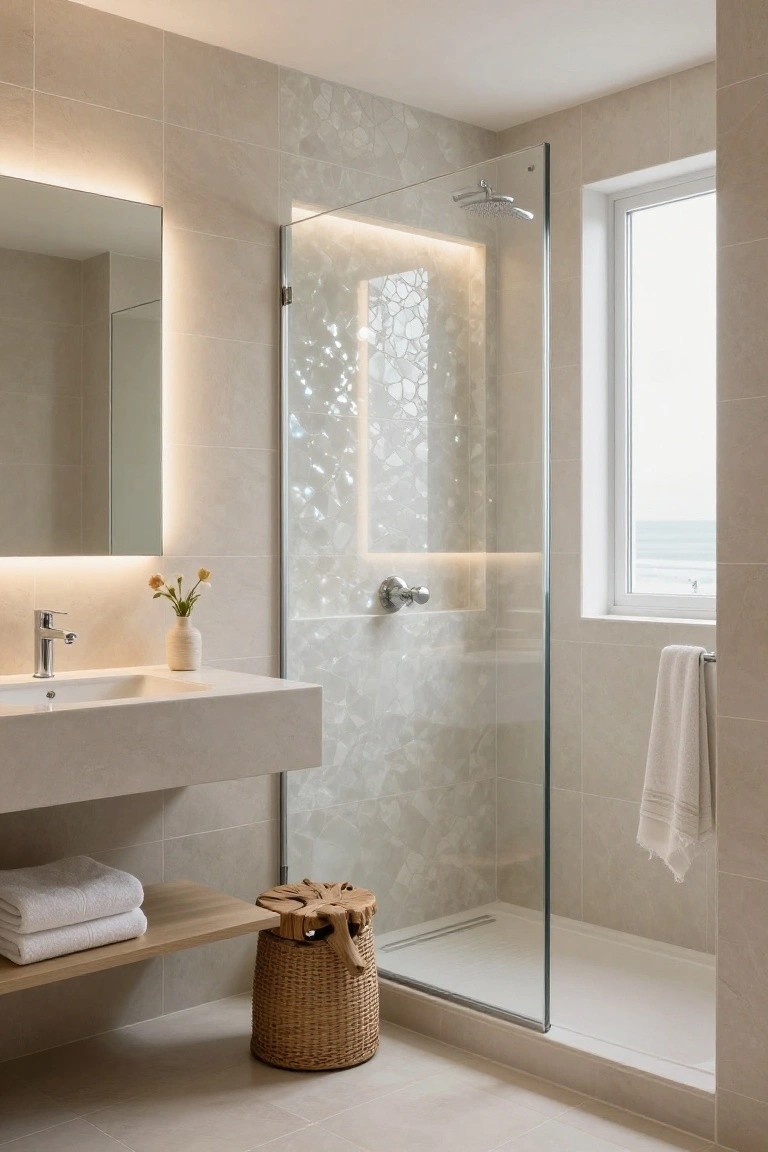 Modern small bathroom with light beige tiles, backlit mirror above floating sink with faucet and small vase of flowers, glass shower enclosure with backlit patterned wall and rainfall showerhead, woven basket on wood stool, folded towels on shelf, towel on rail, and window with sea view.