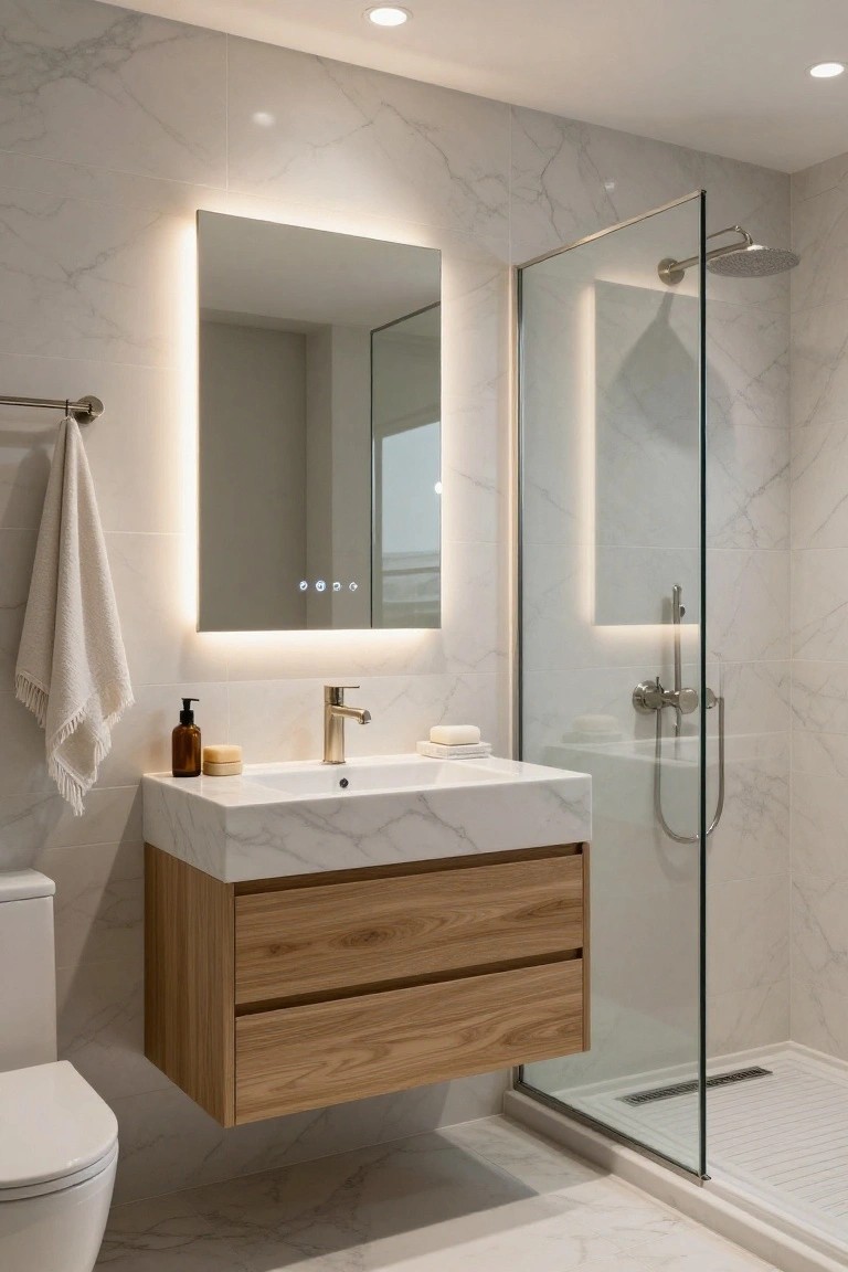 Small modern bathroom with white marble tile walls and floor, backlit LED mirror above floating oak wood vanity and white sink, glass shower enclosure with rainfall showerhead, and white wall-hung toilet.