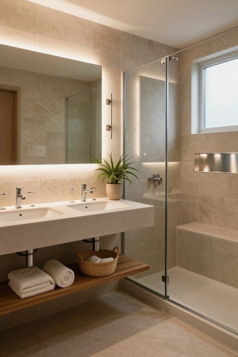 A modern small bathroom with beige stone tiles, a large backlit mirror over double floating sinks, glass shower enclosure with bench and niche lighting, potted plant, towels on wooden shelf, and window.
