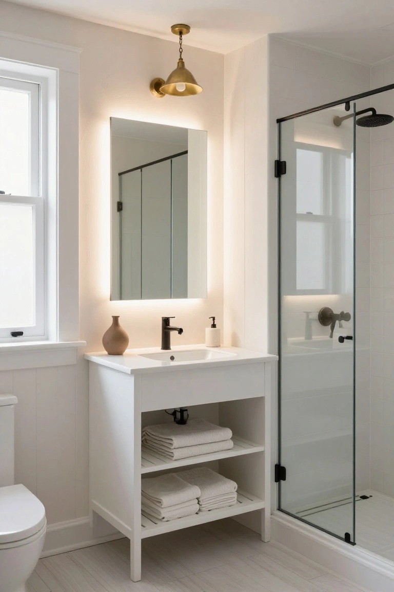 Small white bathroom featuring a backlit rectangular mirror above a white vanity with black faucet, brass wall sconce, glass shower enclosure, and white toilet on light wood-look floor.