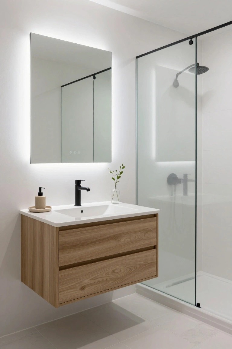 Small modern bathroom with floating oak vanity, black faucet, soap dispenser, backlit LED mirror, potted plant clippings, and glass shower enclosure with black frame.