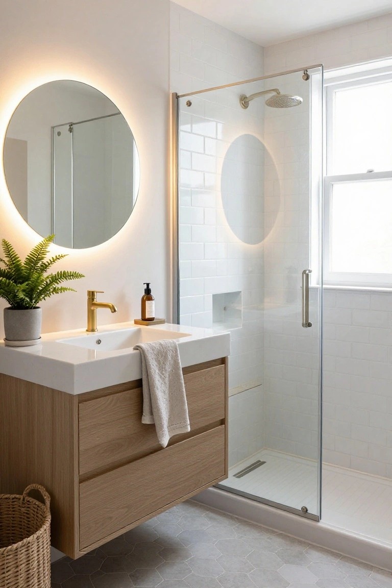 A small modern bathroom with a large round mirror featuring LED edge lighting above a white sink on a floating oak vanity, gold faucet, potted fern, folded towel, glass shower enclosure with brass showerhead, white subway tile walls, and gray hexagonal floor tiles.