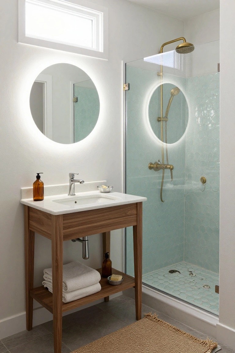 Small bathroom with round backlit mirror above wooden vanity and white sink, glass shower enclosure with light green bubble tiles, gold fixtures, folded towels on shelf, and seagrass rug on tile floor.