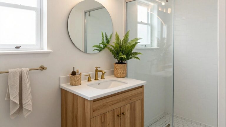 A small modern bathroom with a large round mirror featuring LED edge lighting above a white sink on a floating oak vanity, gold faucet, potted fern, folded towel, glass shower enclosure with brass showerhead, white subway tile walls, and gray hexagonal floor tiles.