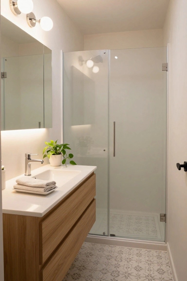 Small modern bathroom with floating oak vanity, white sink, folded towels, potted green plant, frosted glass shower, mirror cabinet, two chrome globe wall lights, and light gray patterned tile floor.