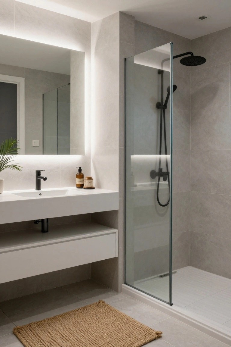 Modern small bathroom with gray textured tile walls and floor, backlit rectangular mirror above white floating vanity and black faucet, glass shower enclosure with black rain showerhead and hand shower, potted plant on counter, seagrass rug.