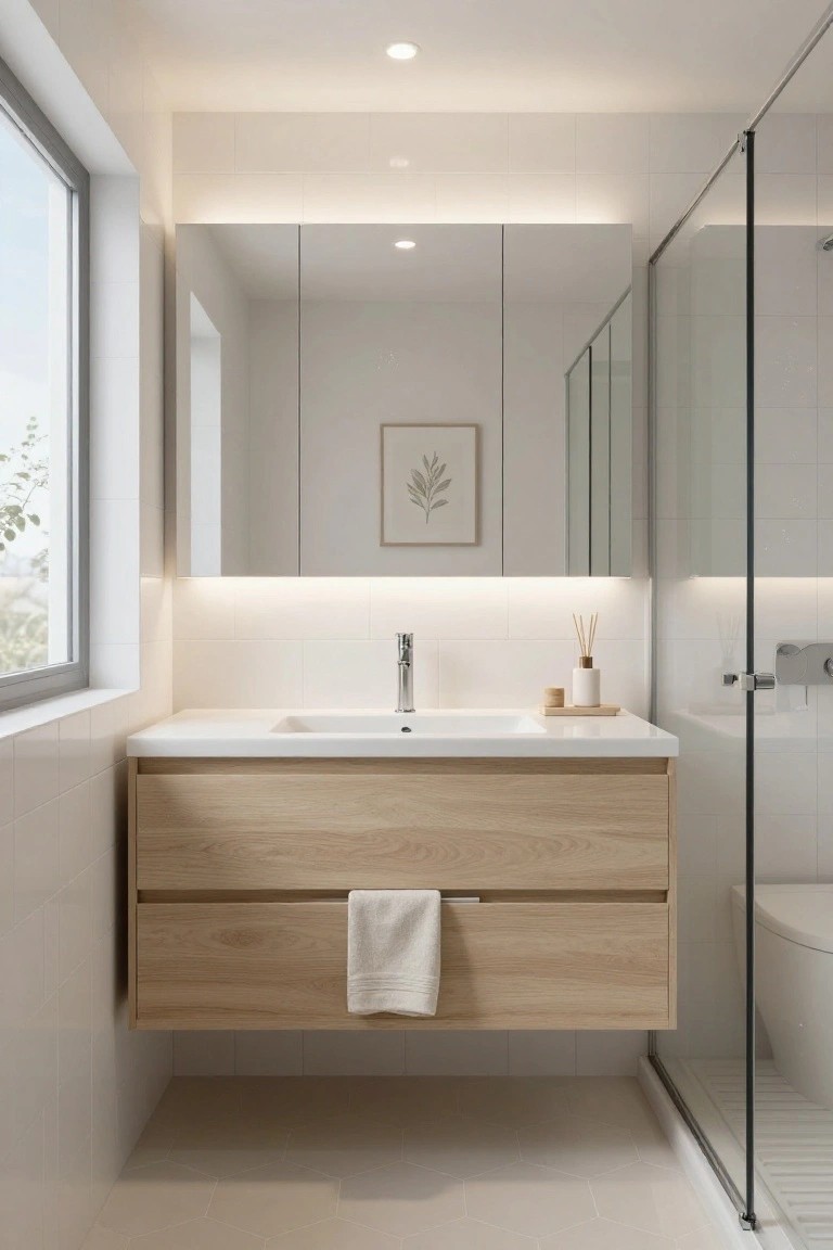 Small modern bathroom with white tiled walls and floor, floating oak wood vanity under a mirrored cabinet with LED strip lighting, glass shower enclosure, and wall-mounted toilet.